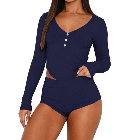 Sexy Y2K Long Sleeve Crop Top Pajama Set with Shorts